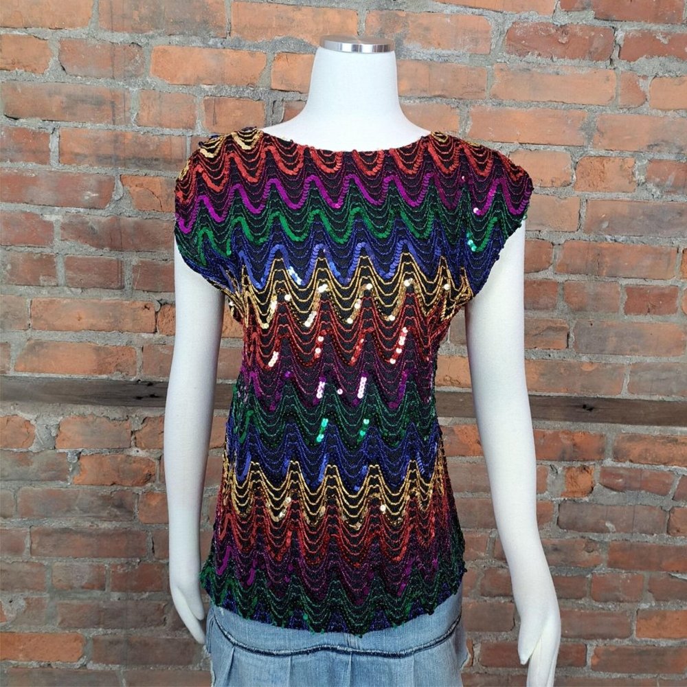 Vintage 1980s Top Multicolor Chevron Sequins Short Embroidery Sleeves SIze M